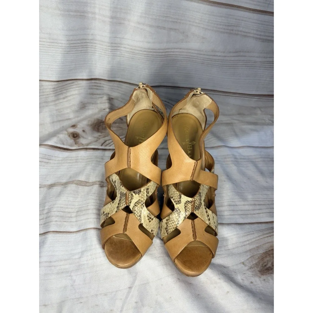 Cole Haan Air Wedge Heel Sandals Womens 7.5 B‎ Brown Leather Strappy Snakeskin